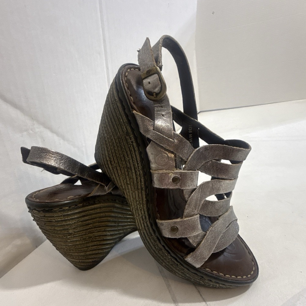 Born Metallic Silver Leather Woven Boho Coastal Ankle Strap Platform Wedges 38